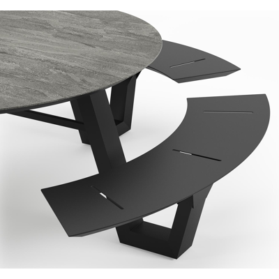 Rondino picknicktafel in zwart aluminium en volkeramiek aspen grey tafelblad - Ø 236 x H 71,5 cm