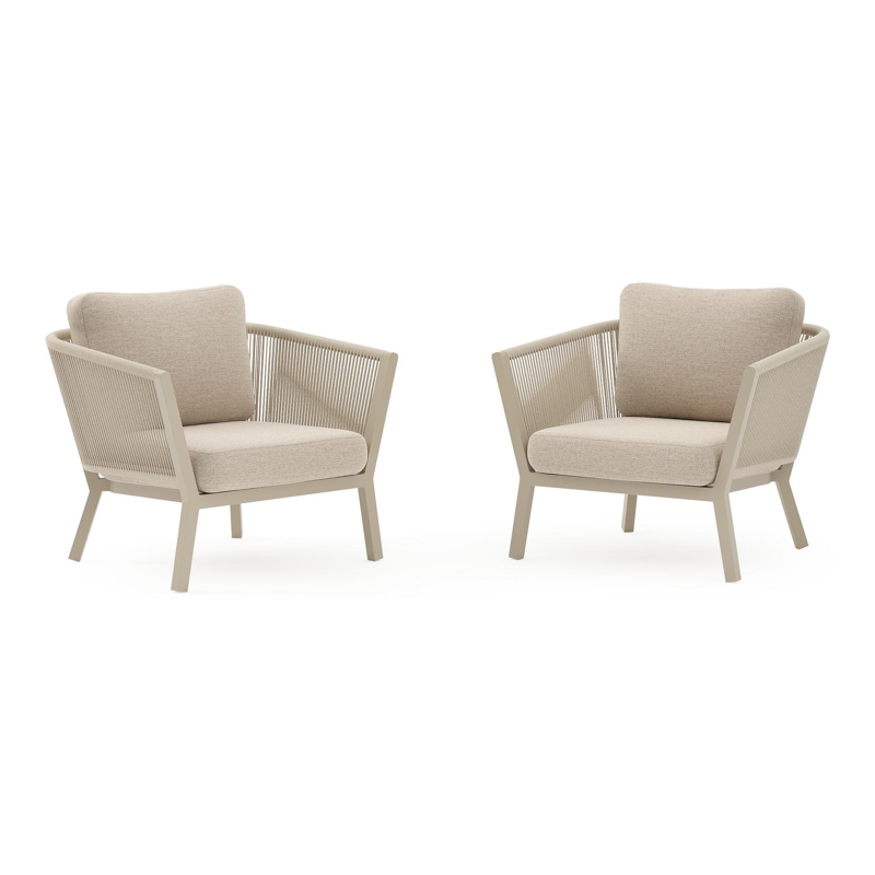 Set van 2 Cordoba loungestoelen in beige aluminium en beige verticaal geweven ronde rope met rustic weather+ softtouch kussens
