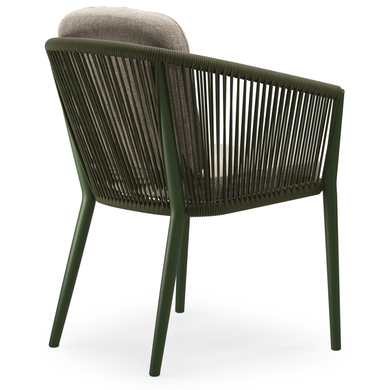 Orso tuinstoel in groen aluminium en groen verticaal geweven ronde rope met luxe zitkussen in All Weather Sunbrella® Luxe Chartres Pewter