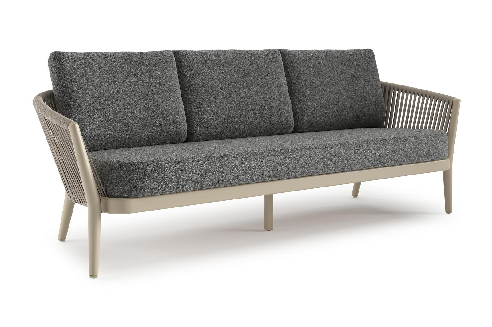 Canapé de jardin Orso en aluminium beige en corde luxe plate tissée verticalement beige et coussins en all weather cosytica Catania Black