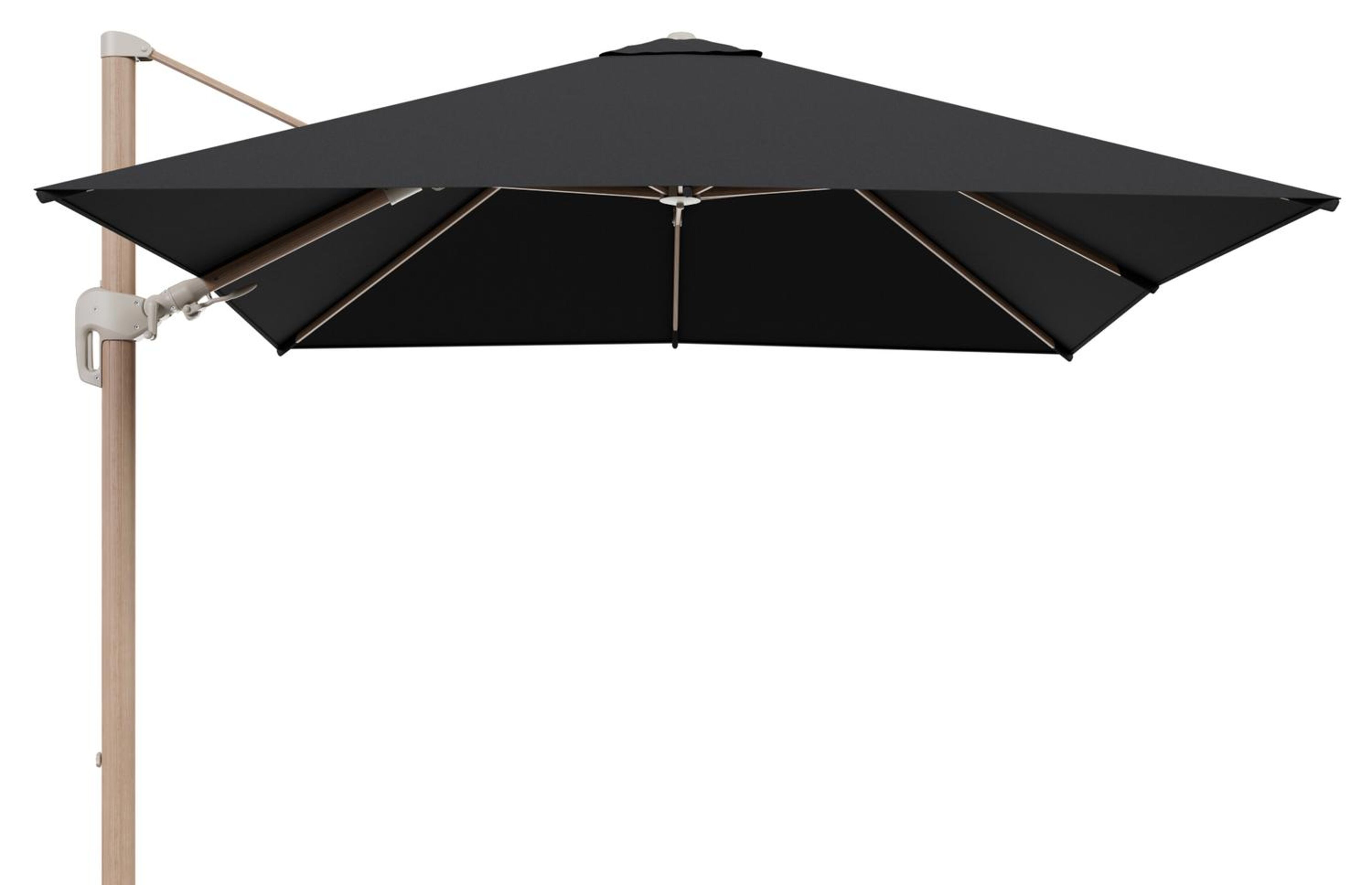 Rufina zweefparasol tiltfunctie in houtlook aluminium en parasoldoek in All Weather Sunbrella® Luxe Natte Sooty  - L1 300 x L2 300 cm (zonder voet) (zonder voet)