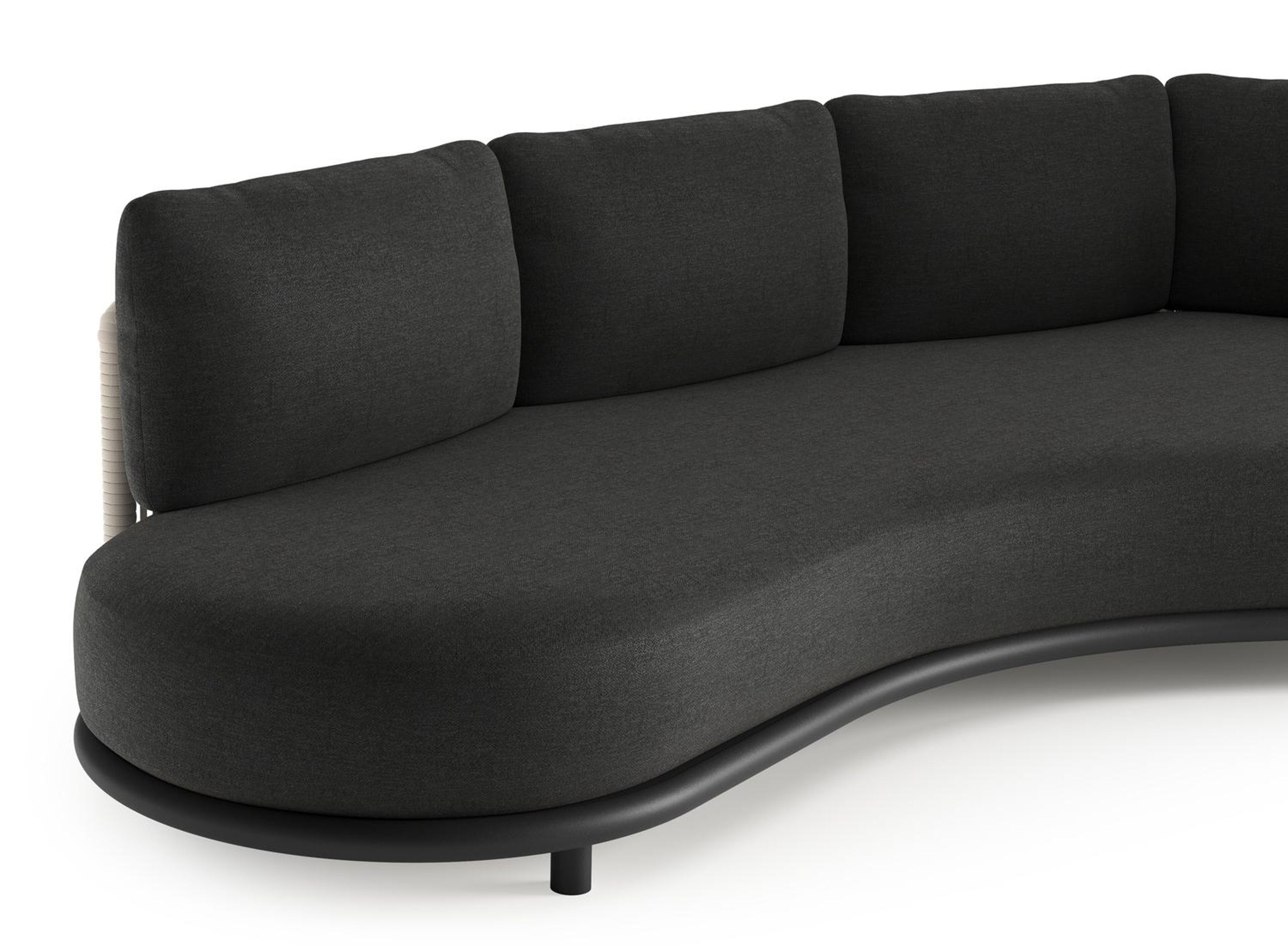 Lomano loungebank in zwart aluminium en beige verticaal geweven luxe vlakke rope met chartres sooty all weather sunbrella® luxe kussen