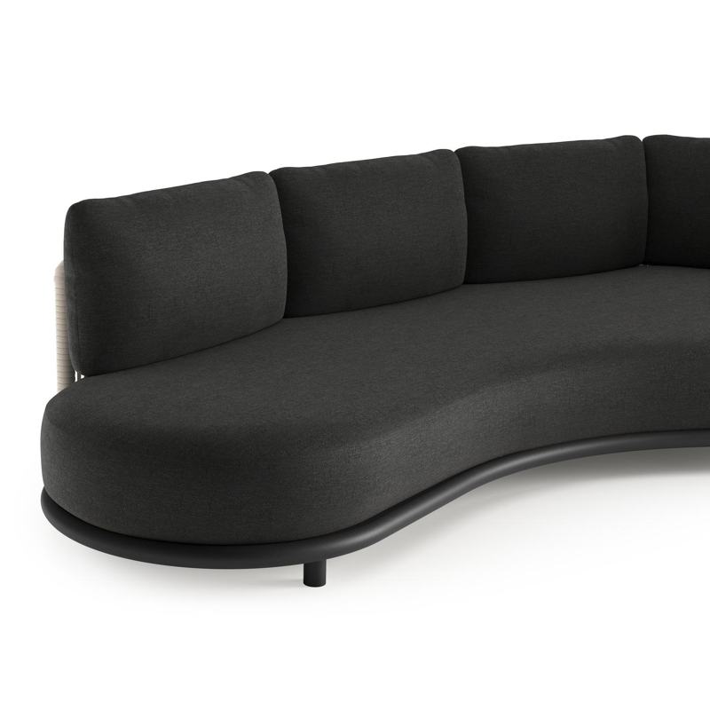 Lomano loungebank in zwart aluminium en beige verticaal geweven luxe vlakke rope met chartres sooty all weather sunbrella® luxe kussen