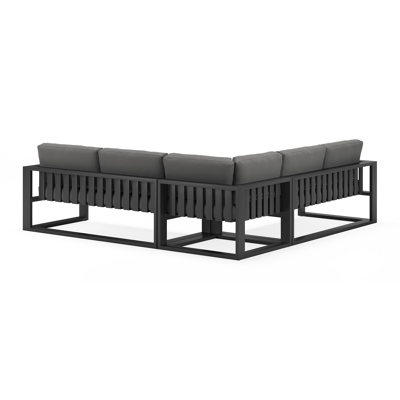 Verato loungehoek in zwart aluminium met natte charcoal chine all weather sunbrella® luxe kussens