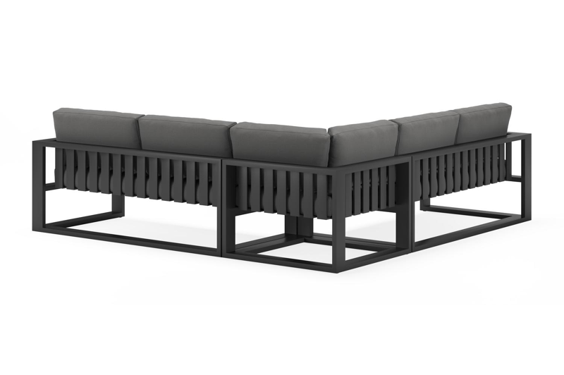 Verato loungehoek in zwart aluminium met natte charcoal chine all weather sunbrella® luxe kussens