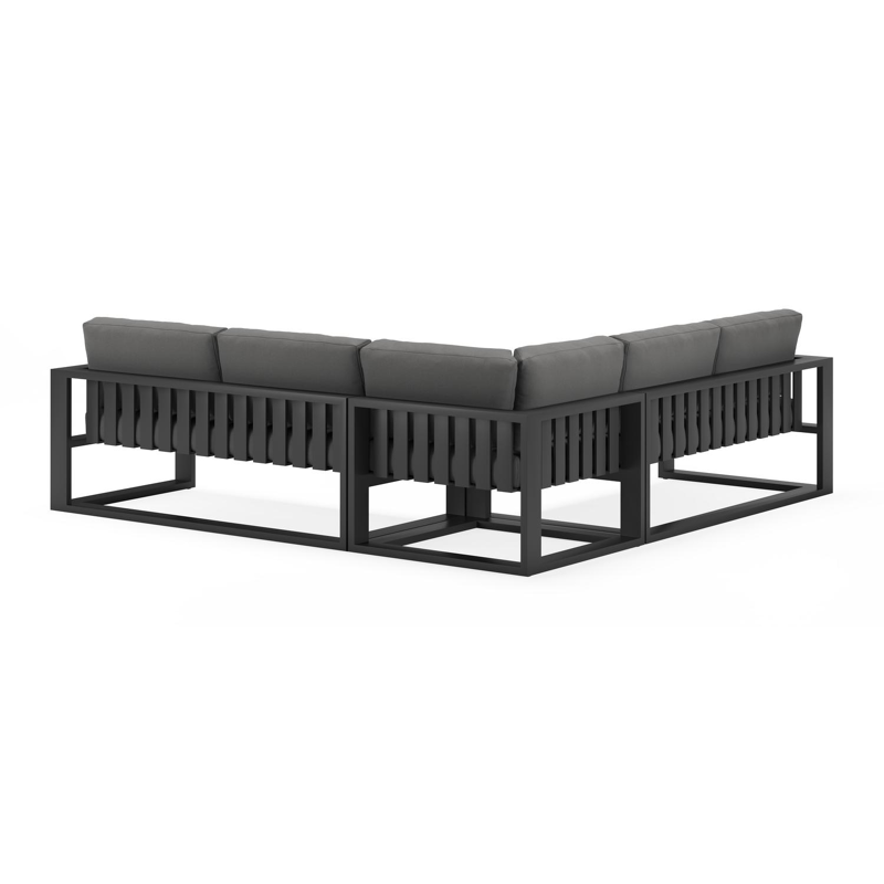 Verato loungehoek in zwart aluminium met natte charcoal chine all weather sunbrella® luxe kussens