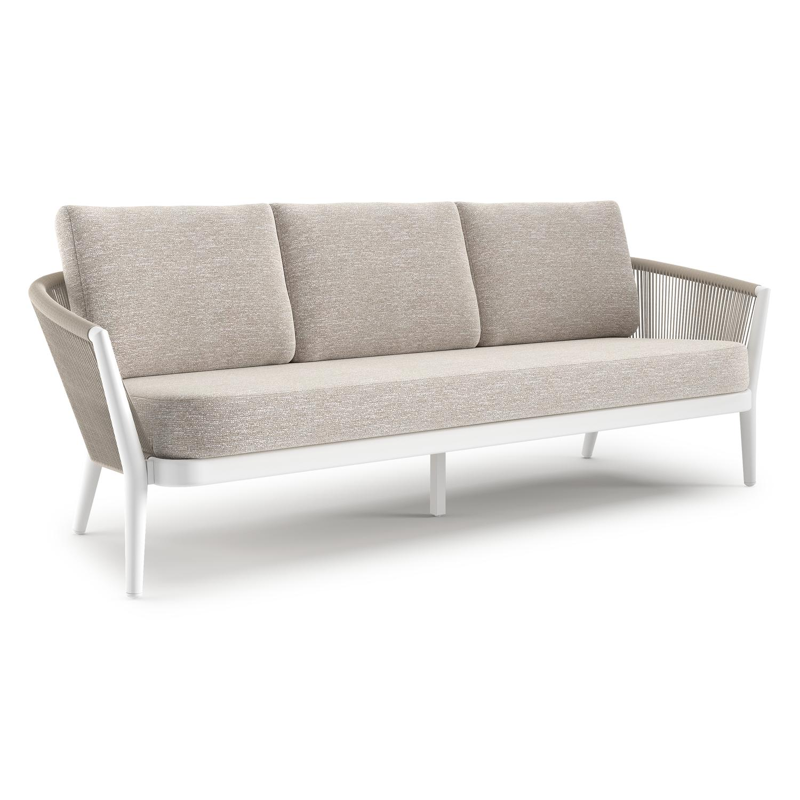 Canapé de jardin Orso en aluminium blanc en corde ronde tissée verticalement beige et coussins en all weather sunbrella® luxe Tundra Sand