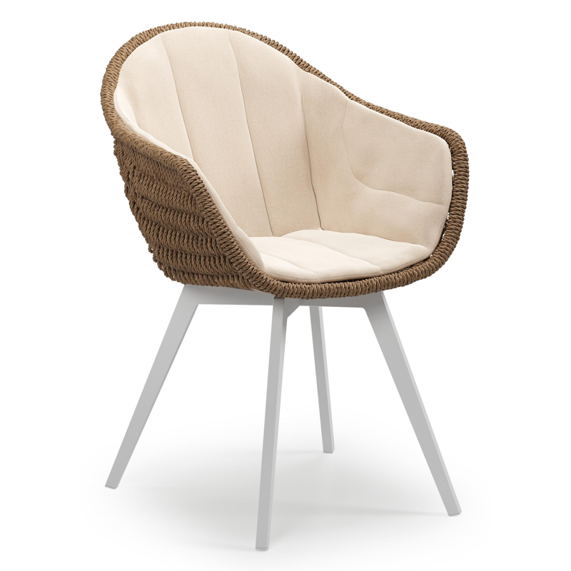 Chaise de jardin Pagino en aluminium blanc et résine tressée ronde brun avec coussin en All Weather Sunbrella® Luxe Natte Linen Chalk