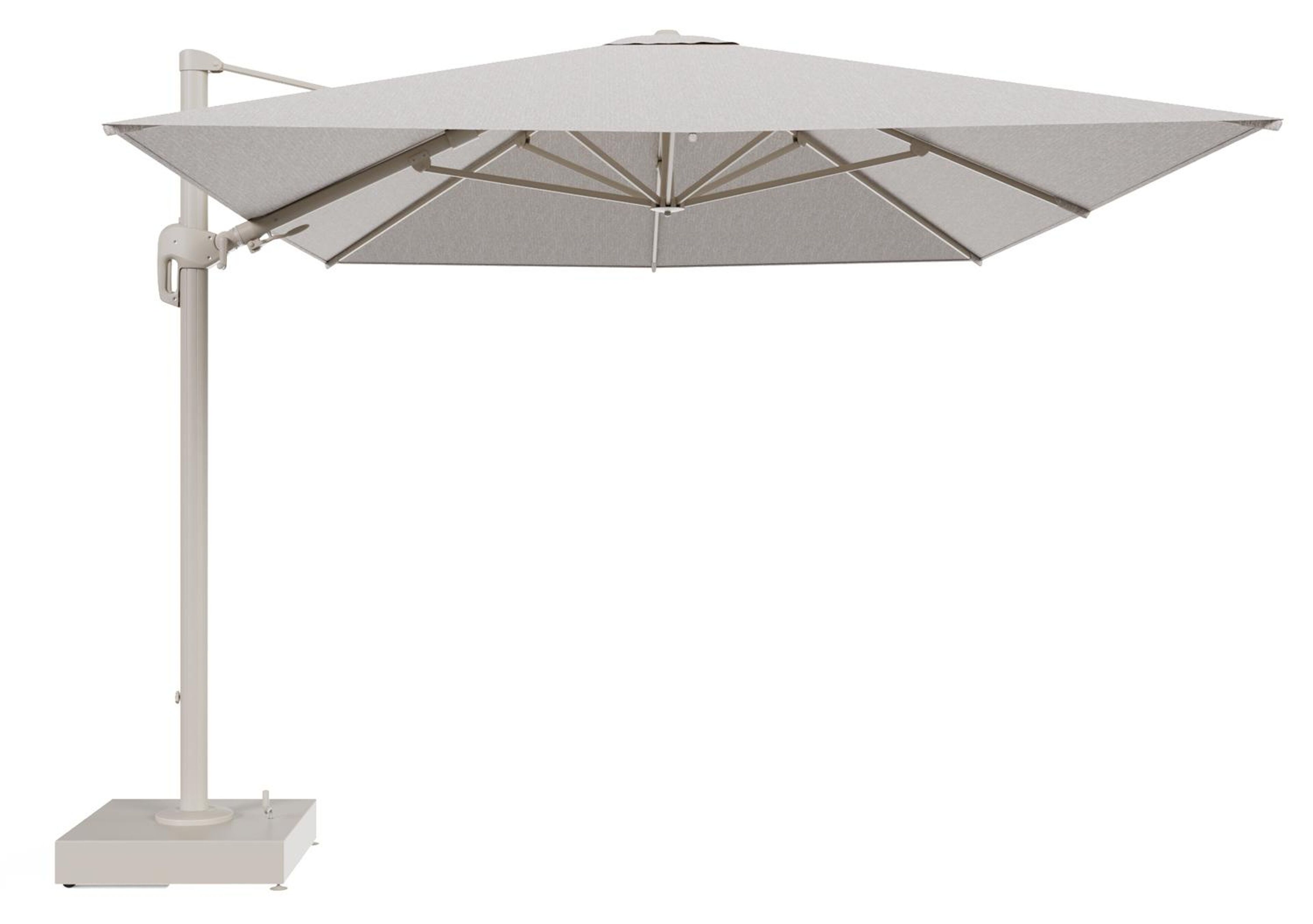 Rufina zweefparasol met tiltfunctie in beige aluminium en Tundra Sand All Weather Sunbrella® Luxe parasoldoek - L1 400 x L2 300 cm met parasolvoet Minore 150 kg met wielen