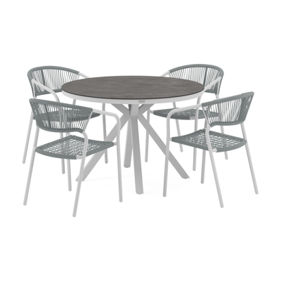 Tora tuinset in wit aluminium en grijs keramische print tafelblad met 4 stapelbare Vigo tuinstoelen