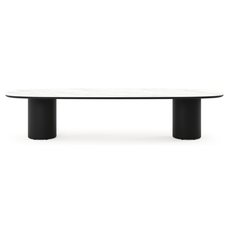 Table de jardin low dining Amico bombo en aluminium noir et céramique pleine Calacatta - Lg. 320 x Lrg. 130 x Haut. 61 cm