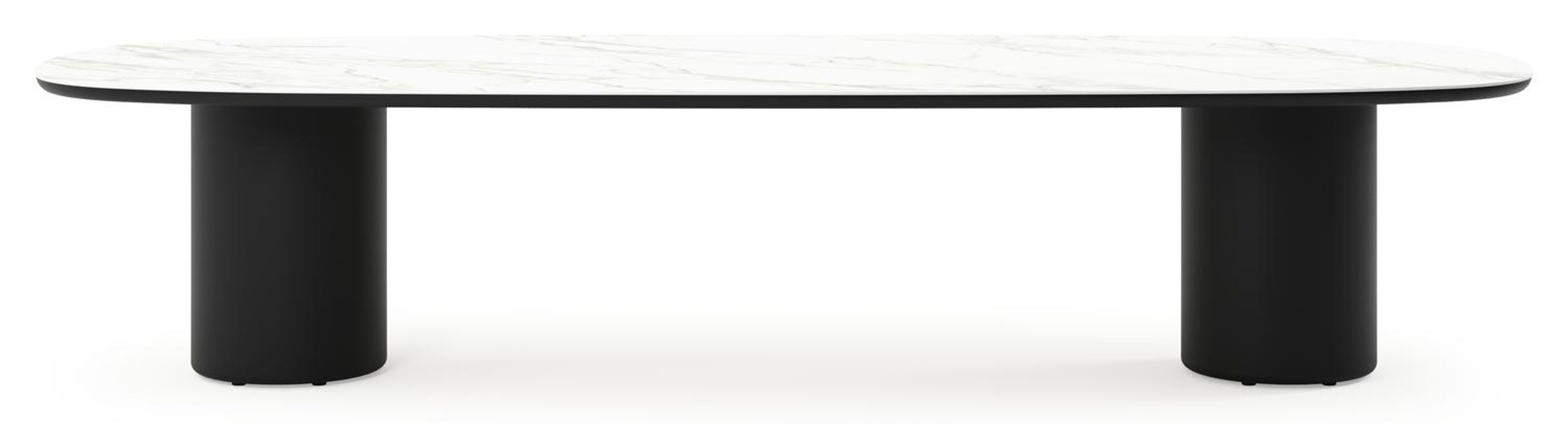 Table de jardin low dining Amico bombo en aluminium noir et céramique pleine Calacatta - Lg. 320 x Lrg. 130 x Haut. 61 cm