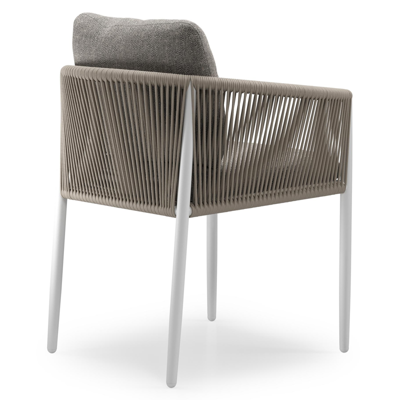 Chaise de jardin Organo en aluminium beige et corde ronde tissée verticalement beige avec coussin en All Weather Sunbrella® Luxe Chartres Drizzle