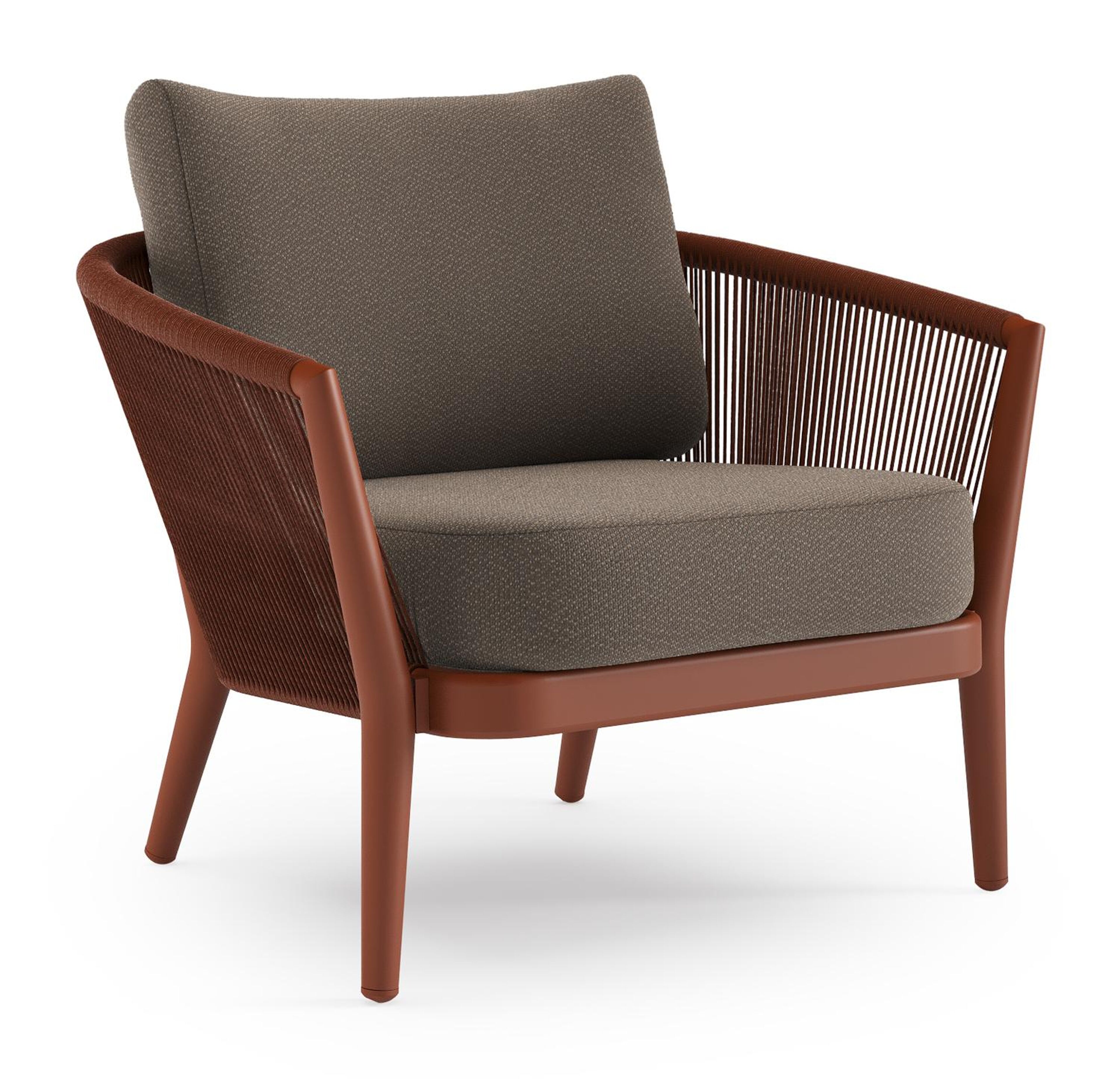 Orso loungestoel in roestbruin aluminium en roestbruin verticaal geweven ronde rope met Lopi Coconut all weather sunbrella® luxe kussen