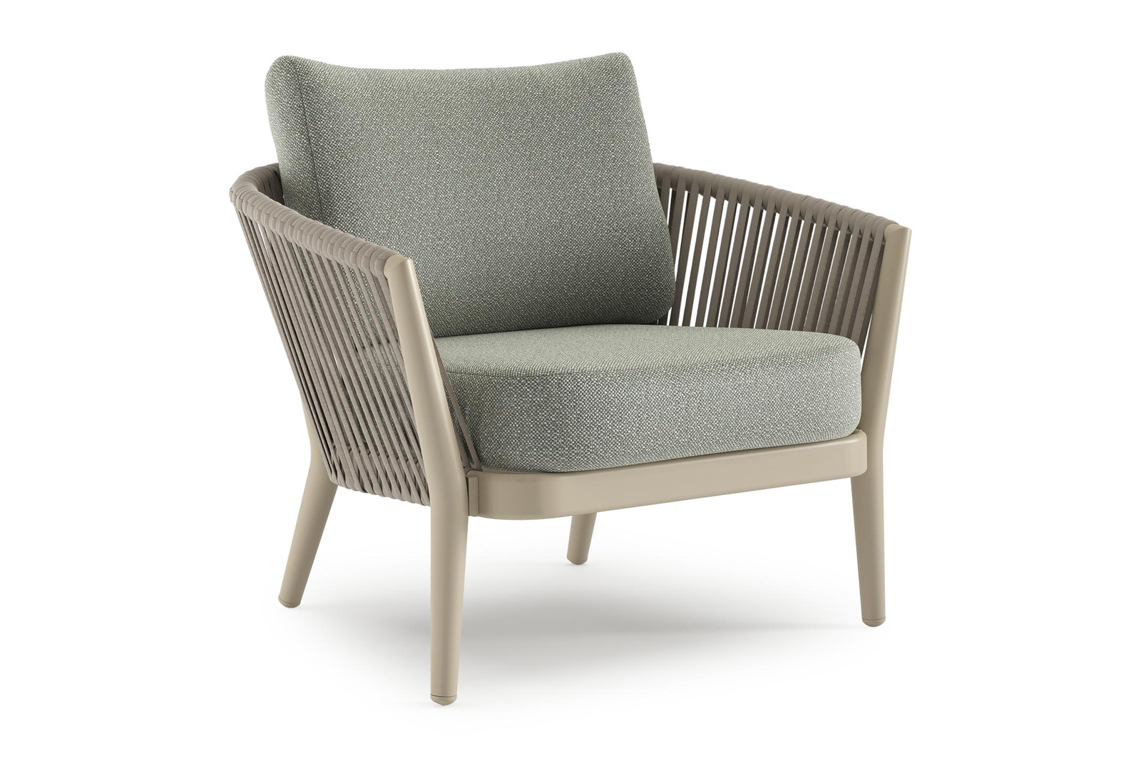 Orso loungestoel in beige aluminium en beige verticaal geweven ronde rope met Savane Leaf all weather sunbrella® luxe kussen