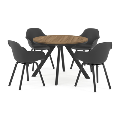 Viaro tuinset in zwart aluminium en colour finish teak tafelblad met 4 Puglia tuinstoelen