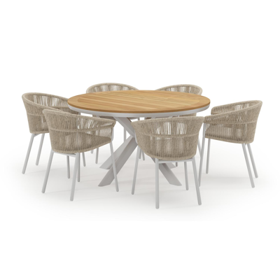 Pamplona ronde tuinset in wit aluminium en teak naturel met 6 Matera tuinstoelen
