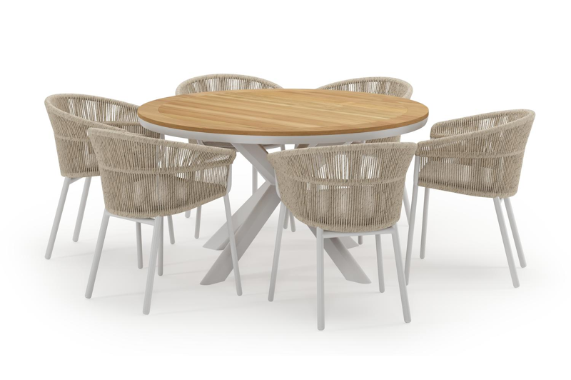 Pamplona ronde tuinset in wit aluminium en teak naturel met 6 Matera tuinstoelen