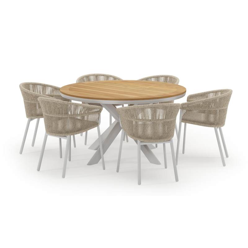 Pamplona ensemble de jardin ronde en aluminium blanc en teck naturel avec 6 chaises de jardin Matera