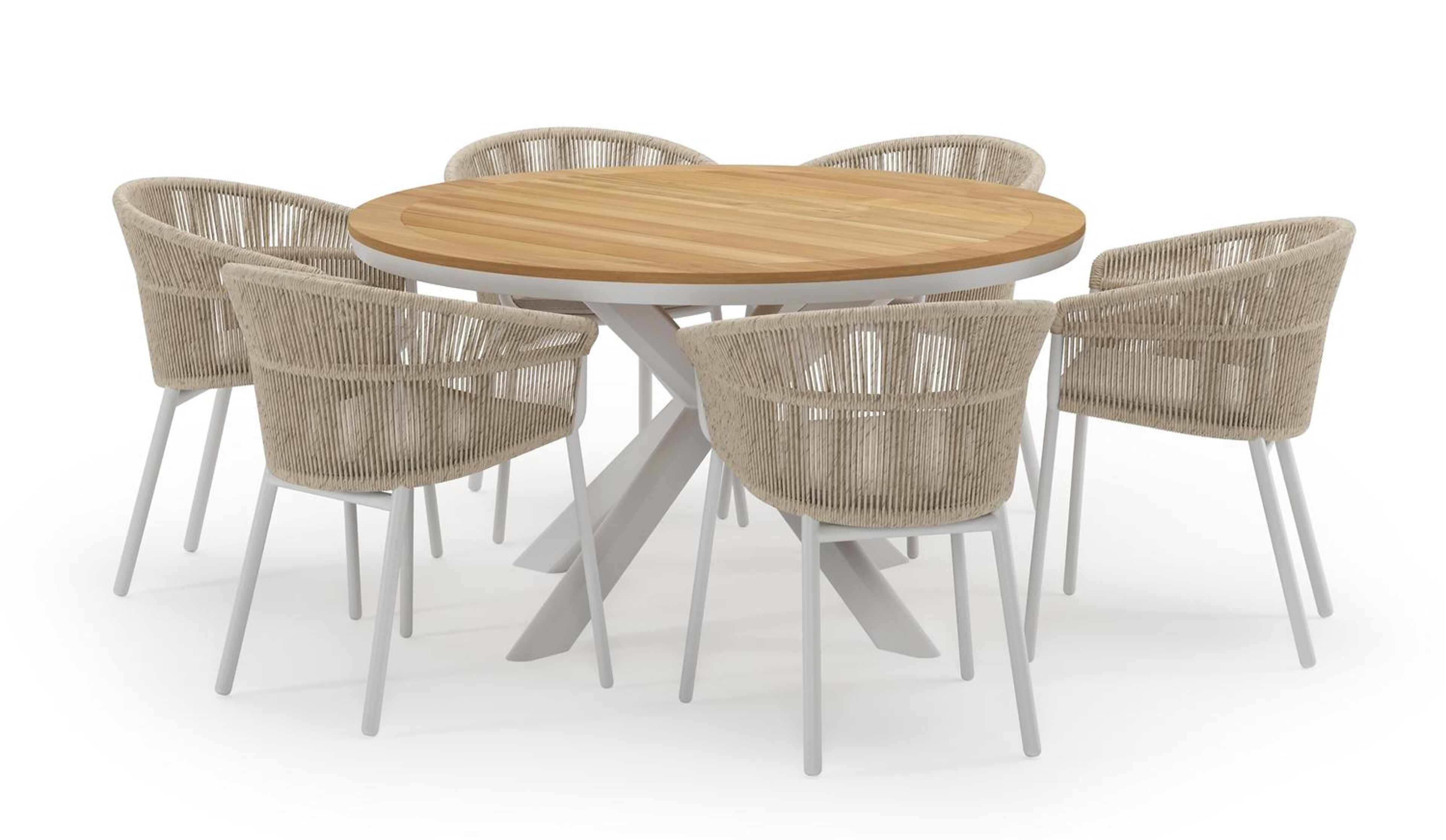 Pamplona ronde tuinset in wit aluminium en teak naturel met 6 Matera tuinstoelen