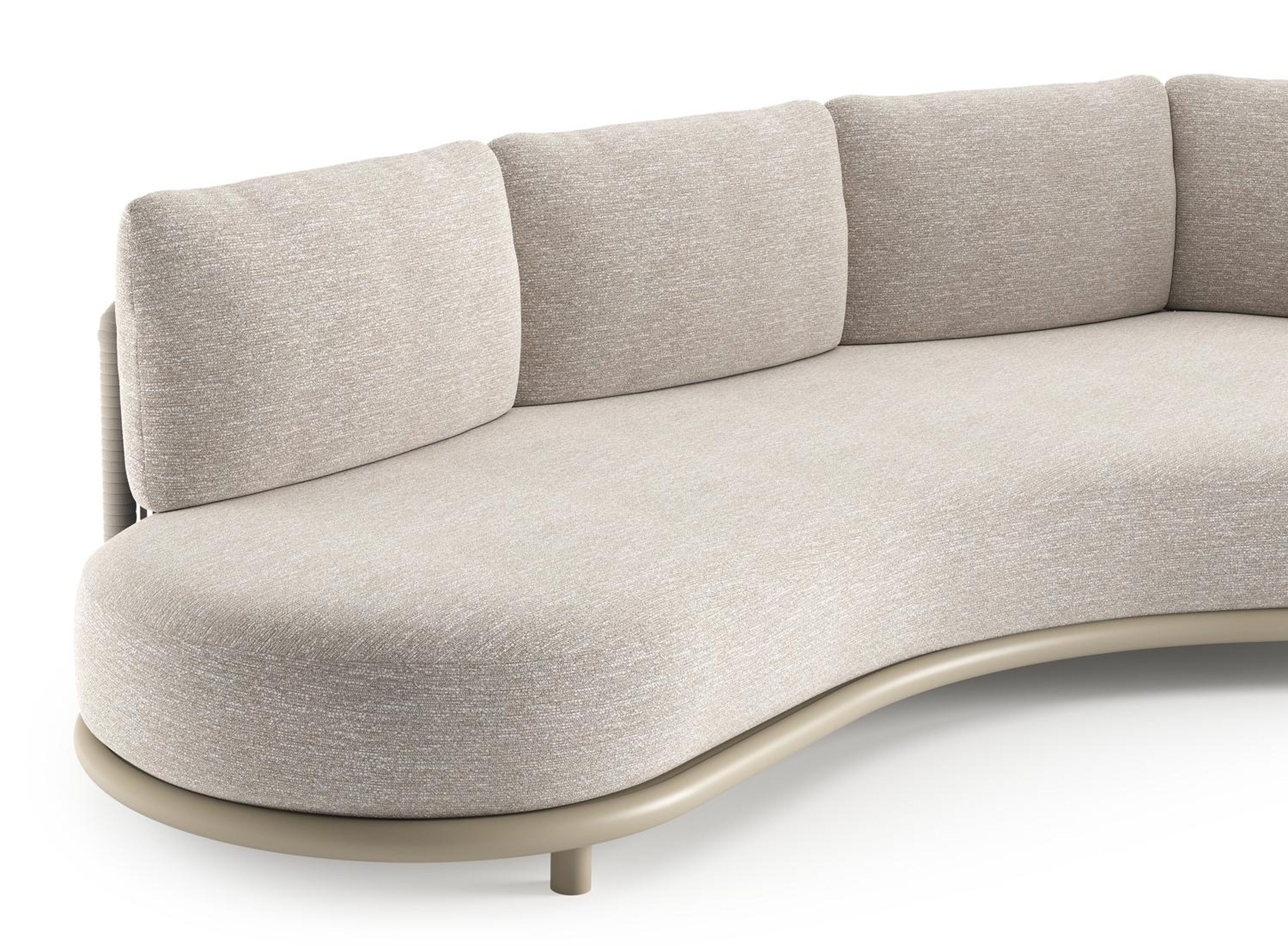 Canapé de jardin Lomano en aluminium beige et corde luxe plate tissée verticalement beige et coussins en all weather sunbrella® luxe tundra sand