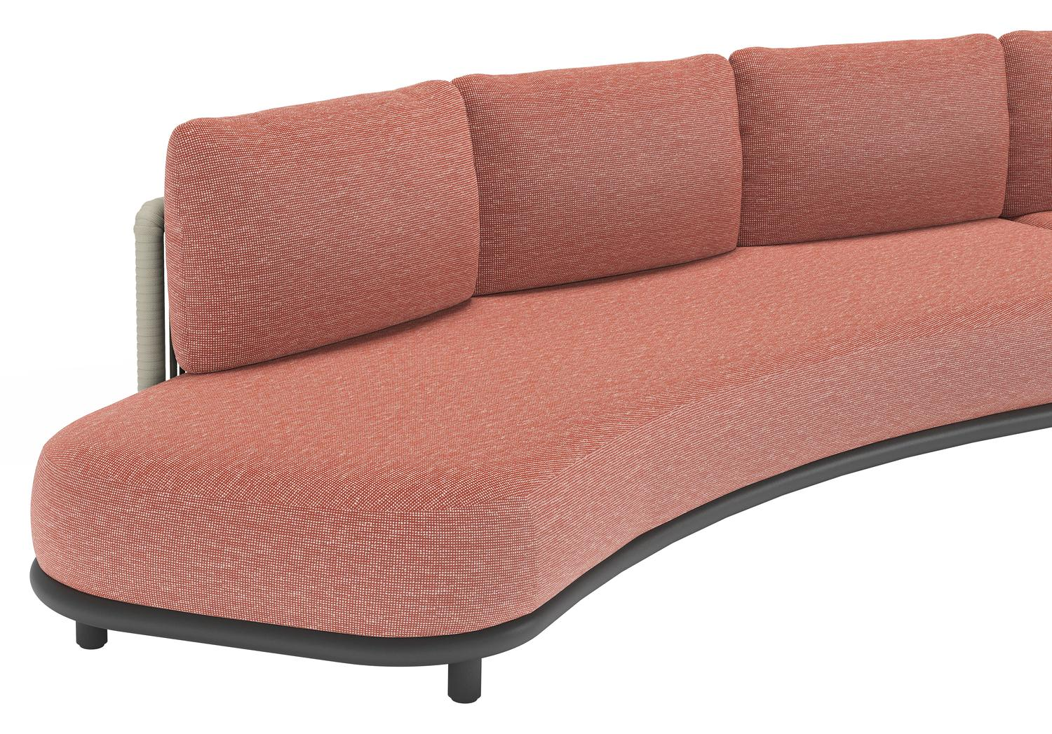 Canapé de jardin Lomano en aluminium noir et corde luxe plate tissée verticalement beige et coussins en all weather sunbrella® luxe Slow Alezan