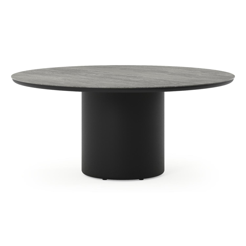Amico low dining tuintafel rond in zwart aluminium en volkeramiek Aspen Grey - Dia. 148 x H 61 cm