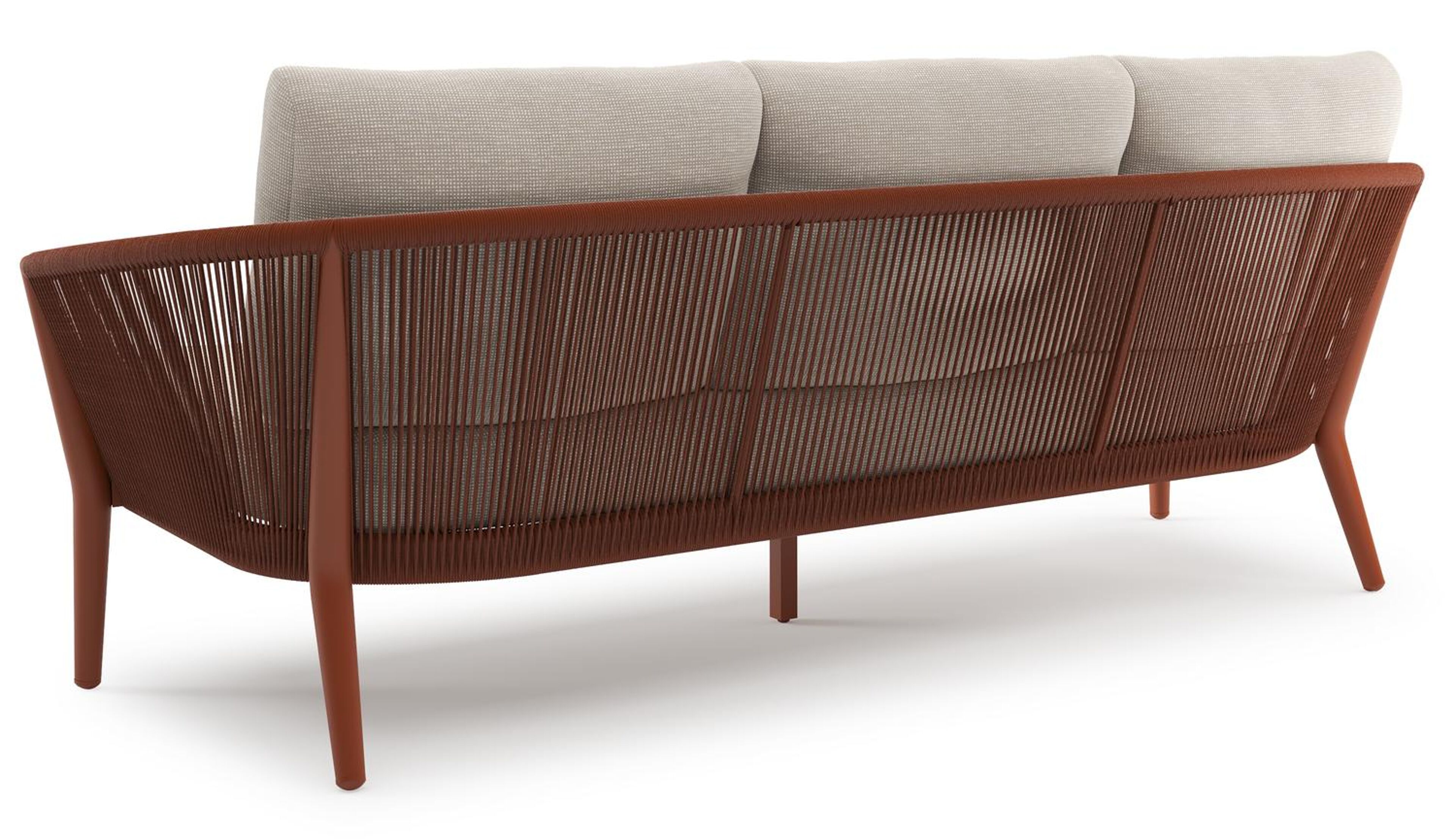 Orso loungeset in roestbruin aluminium en roestbruin verticaal geweven ronde rope met Slow Farafra all weather sunbrella® luxe kussen