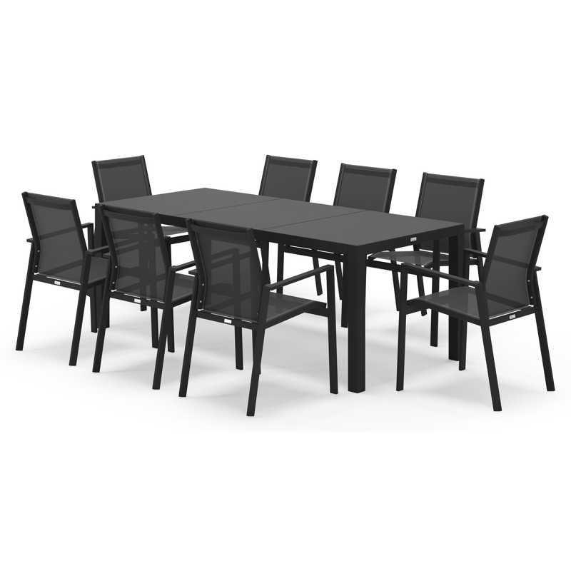 Toma tuinset rechthoekig in zwart aluminium en sintered stone zwart met 8 Bahia tuinstoelen