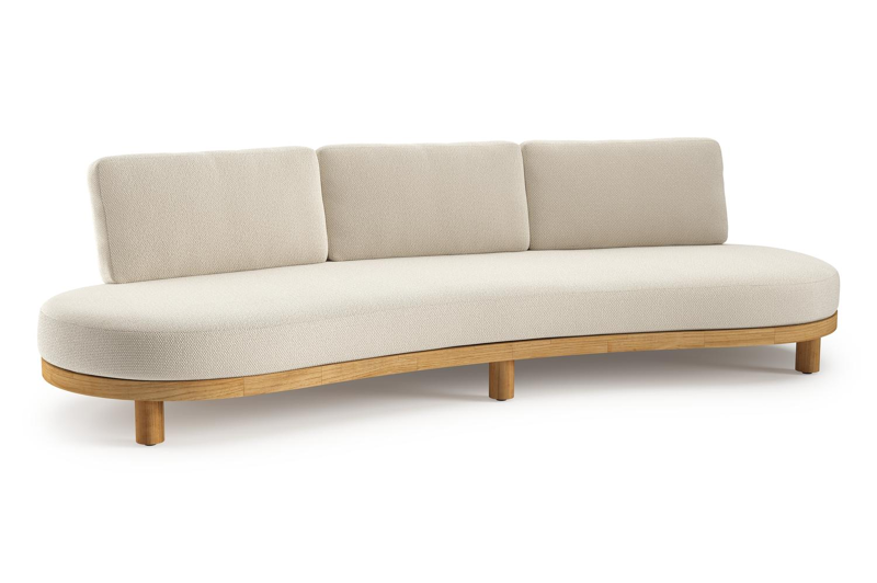 Canapé de jardin Donato en teck et corde ronde tissée verticalement beige et coussins en all weather cosytica Althea Off White