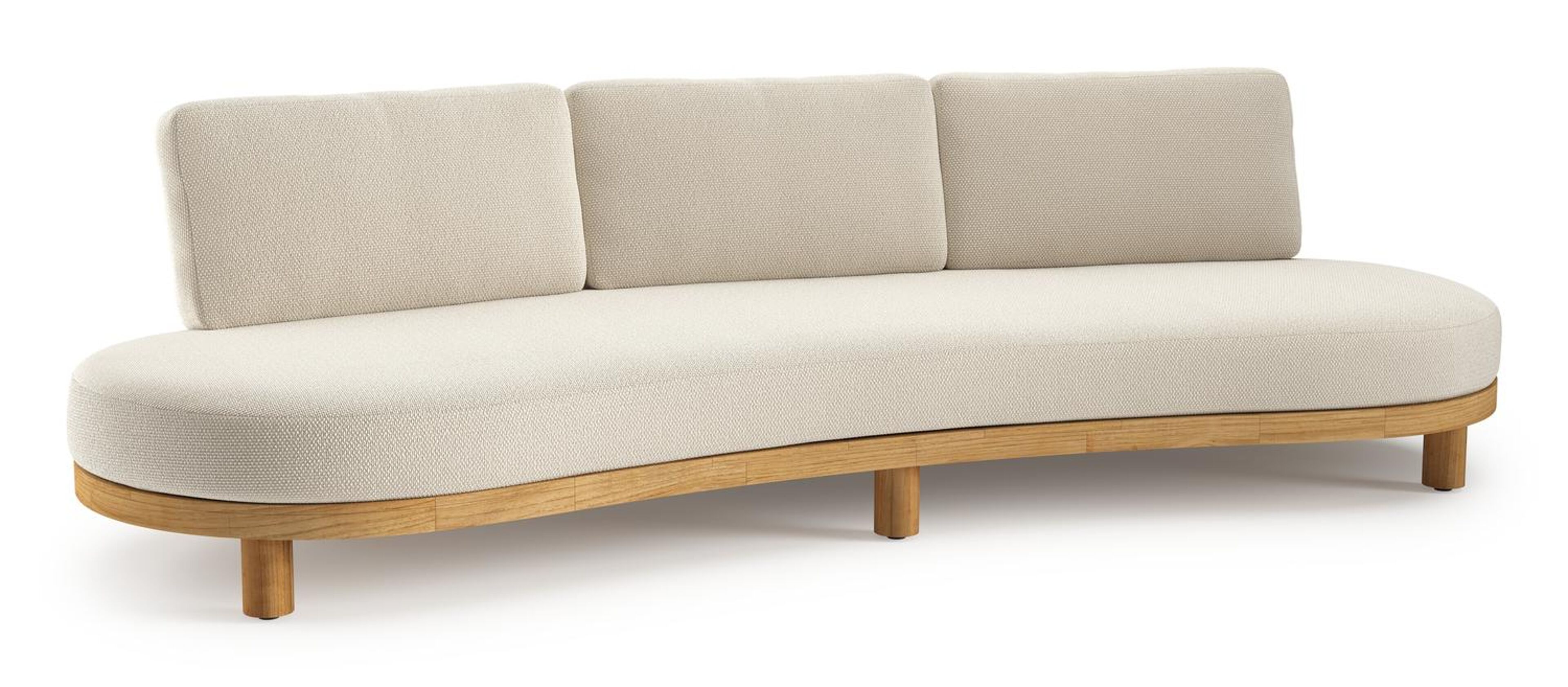 Donato loungebank in teak en beige verticaal geweven ronde rope met all weather cosytica Althea Off White kussen