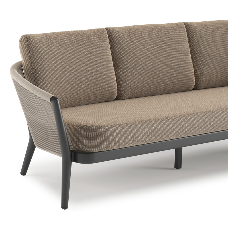 Orso loungebank in zwart aluminium en beige verticaal geweven ronde rope met Firenze Earth all weather solica kussen