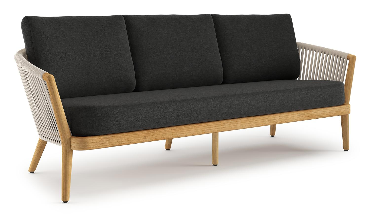 Orso loungebank in teak en beige verticaal geweven luxe vlakke rope met Chartres Sooty all weather sunbrella® luxe kussen