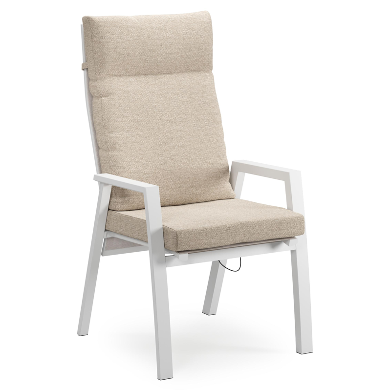 Leon tuinstoel in wit aluminium en beige textilene met kussen in Rustic Weather+ Softtouch