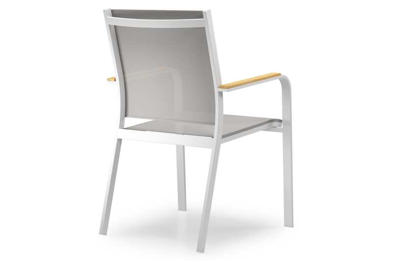 Amalfi stapelbare tuinstoel in wit aluminium en grijs textilene en teak armleuning