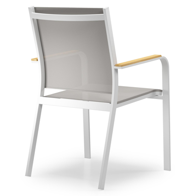 Amalfi stapelbare tuinstoel in wit aluminium en grijs textilene en teak armleuning