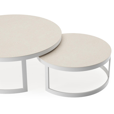 Enna set van 2 loungetafels in wit aluminium en Beige volkeramiek - Dia. 100/70 x H 37/30 cm