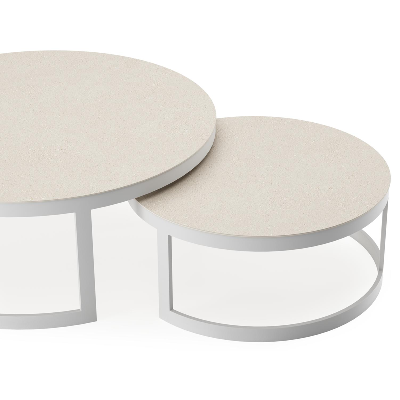 Enna set van 2 loungetafels in wit aluminium en Beige volkeramiek - Dia. 100/70 x H 37/30 cm