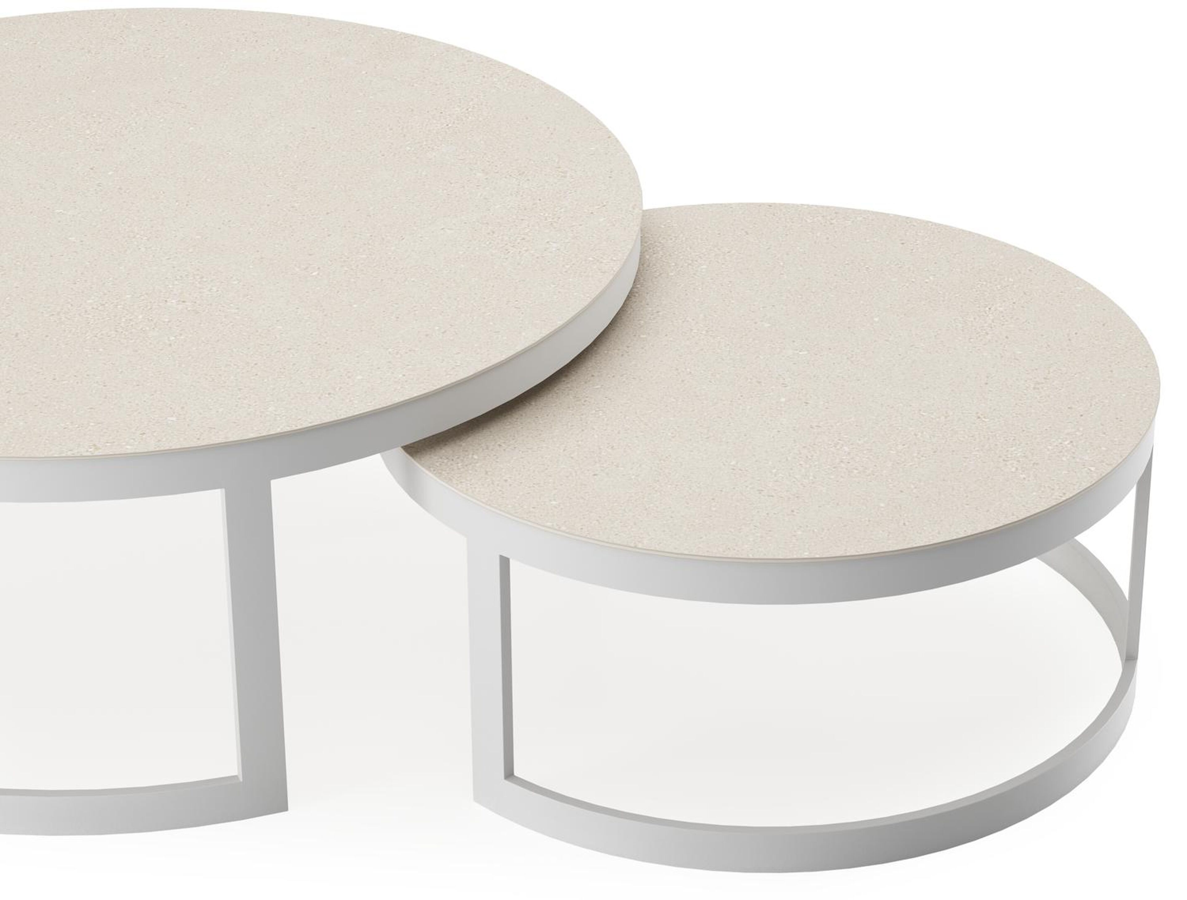 Enna set van 2 loungetafels in wit aluminium en Beige volkeramiek - Dia. 100/70 x H 37/30 cm