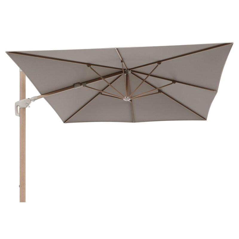 Parasol pendant Minore avec fonction tilt en aluminium aspect de bois et toile de parasol All Weather Sunbrella® Luxe Heritage Ash - Lg.1: 350 x Lg.2: 350 cm (sans pied de parasol