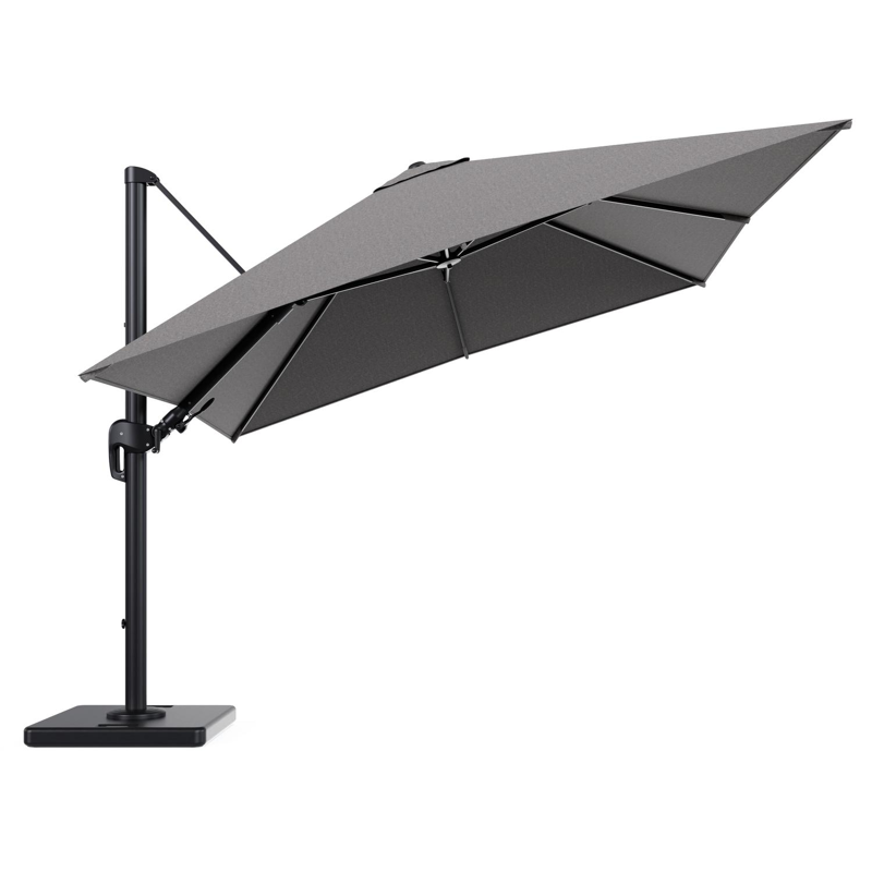 Rufina zweefparasol tiltfunctie in zwart aluminium en parasoldoek in All Weather Sunbrella® Luxe Chartres Drizzle - L1 300 x L2 300 cm met parasolvoet Lapido 120 kg