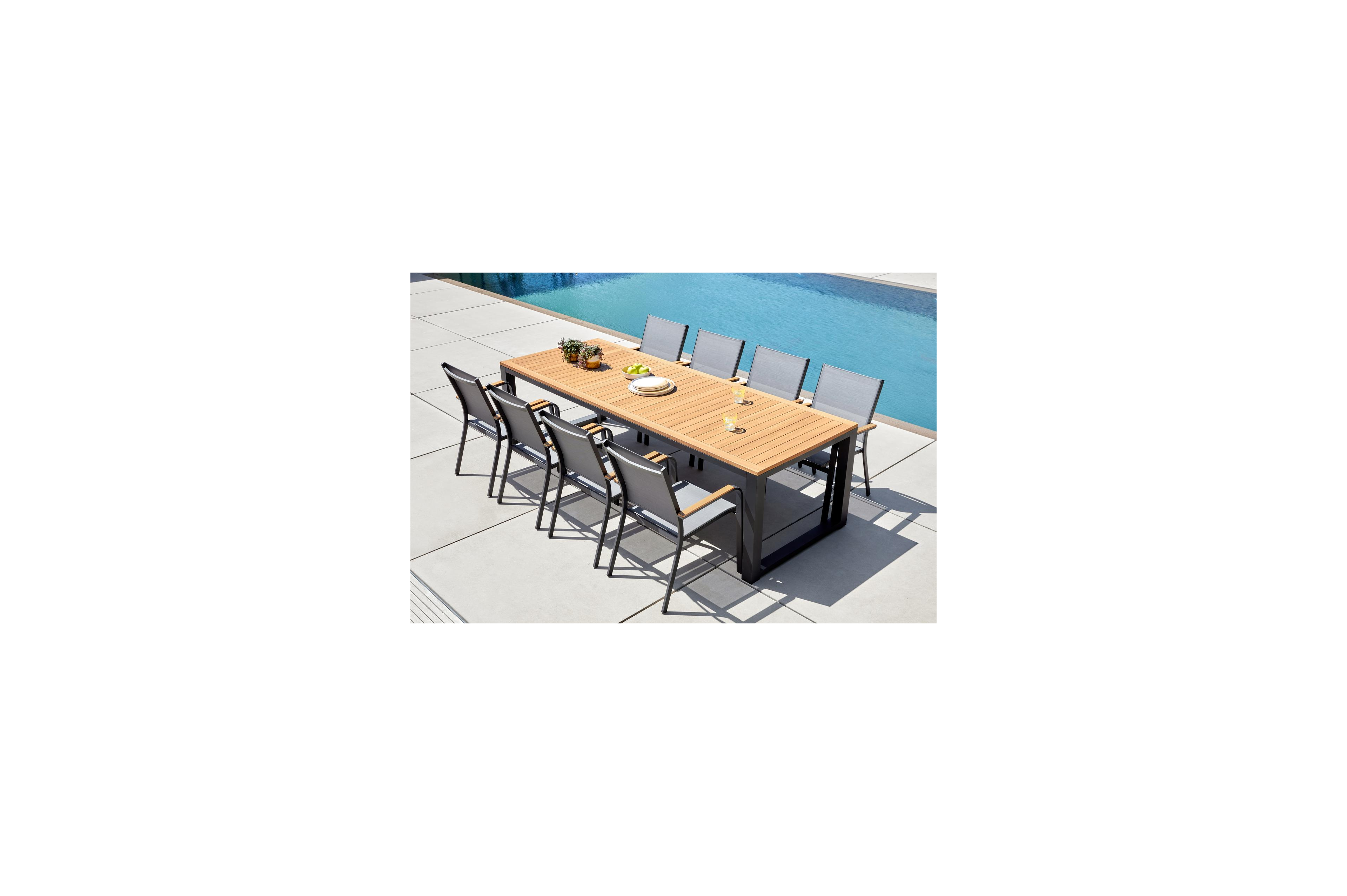 Mira rechthoekige afgeronde tuinset in zwart aluminium en sintered stone notte minerale met 6 Amalfi tuinstoelen