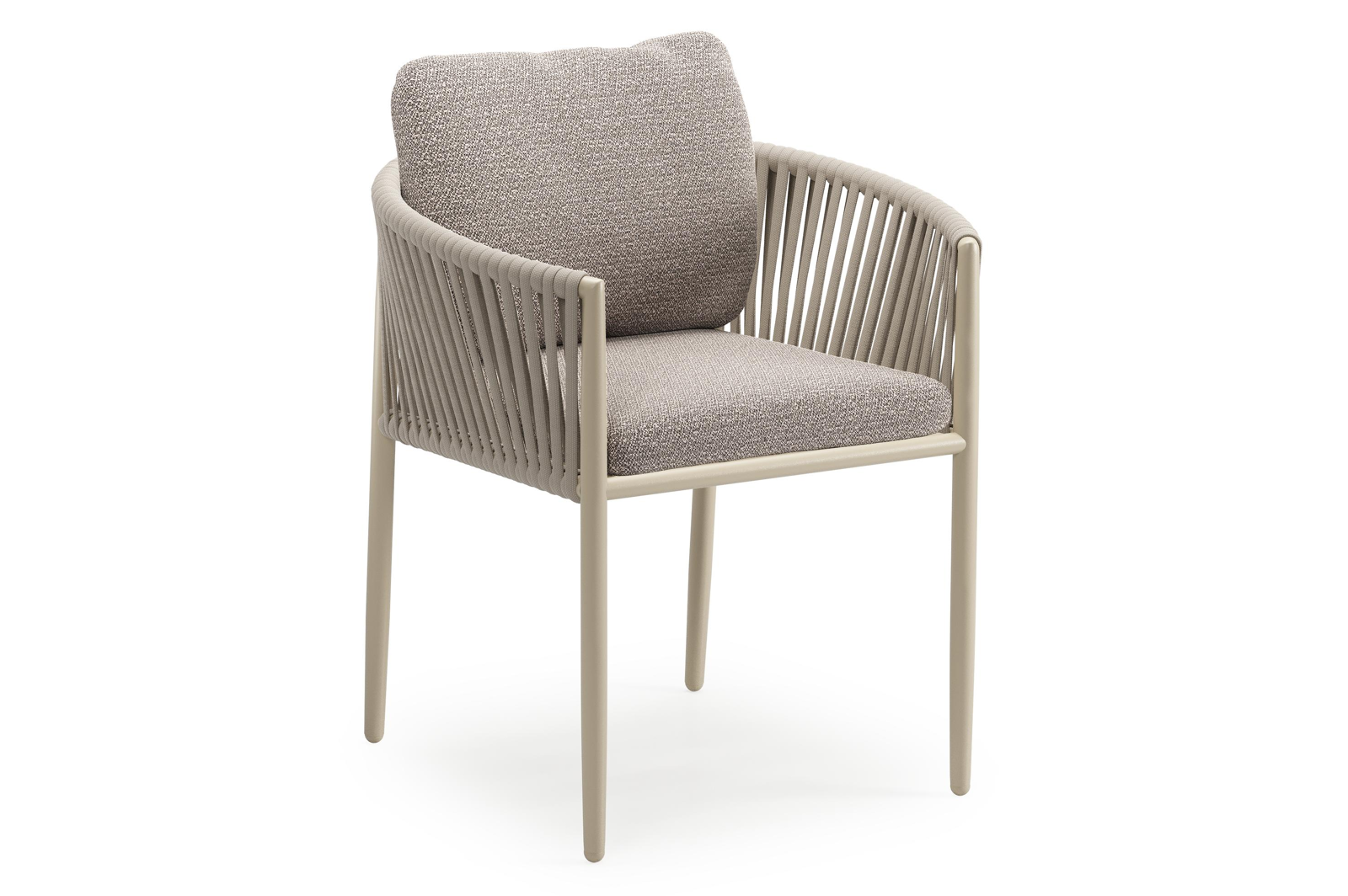 Organo tuinstoel in beige aluminium en beige verticaal geweven luxe vlakke rope met zitkussen in All Weather Sunbrella® Luxe Wander Granite