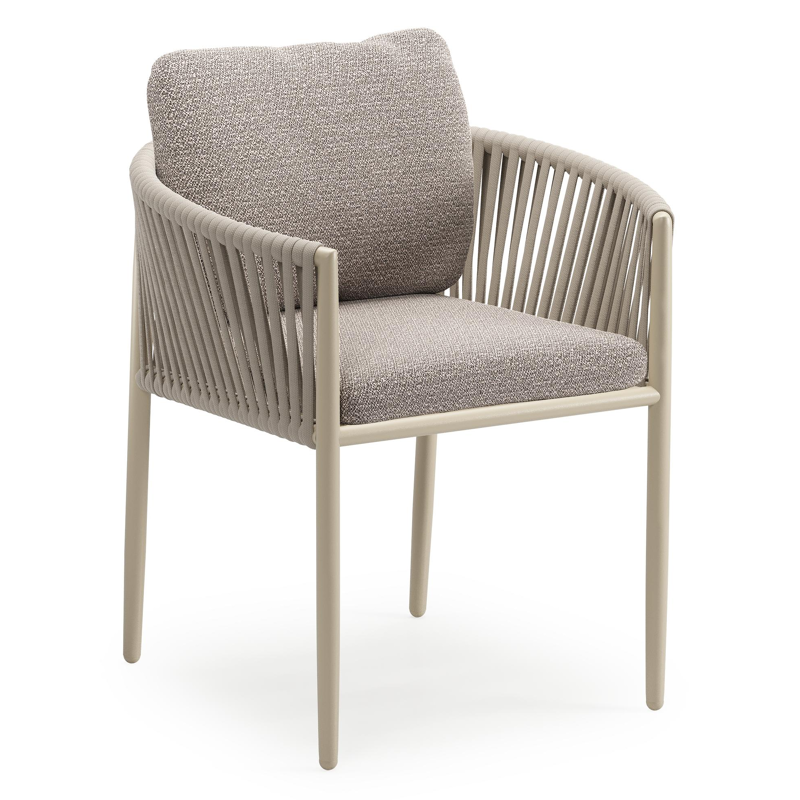 Organo tuinstoel in beige aluminium en beige verticaal geweven luxe vlakke rope met zitkussen in All Weather Sunbrella® Luxe Wander Granite