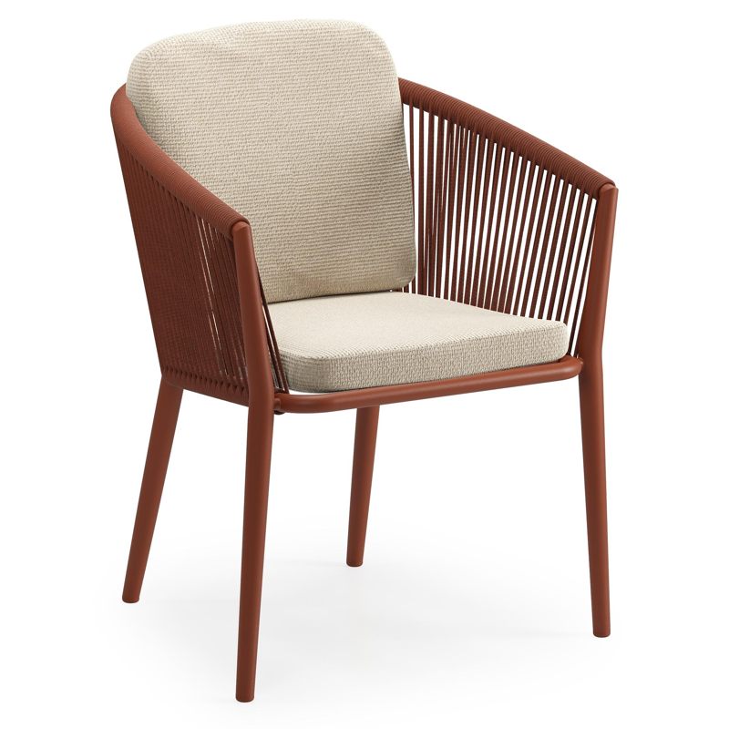 Chaise de jardin Orso en aluminium brun rouille et corde ronde tissée verticalement brun rouille avec coussin luxe en All Weather Cosytica Althea Chalk