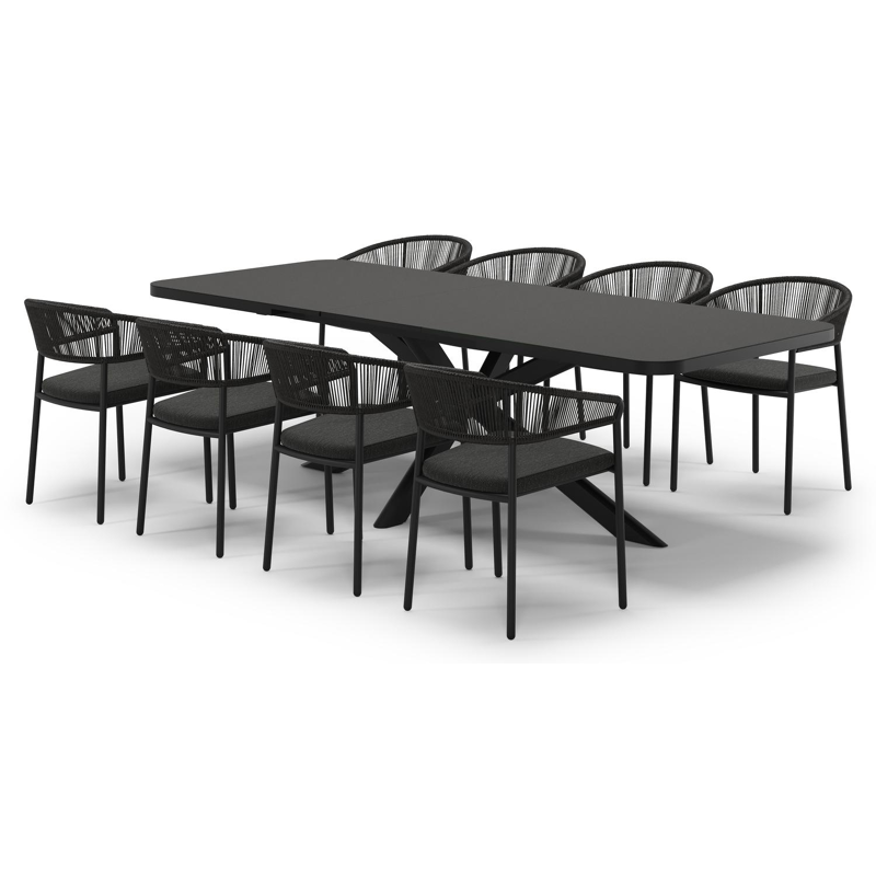 Ensemble de jardin Estella extensible rectangulaire en aluminium noir et sintered stone Notte minerale avec 8 chaises de jardin Zamora