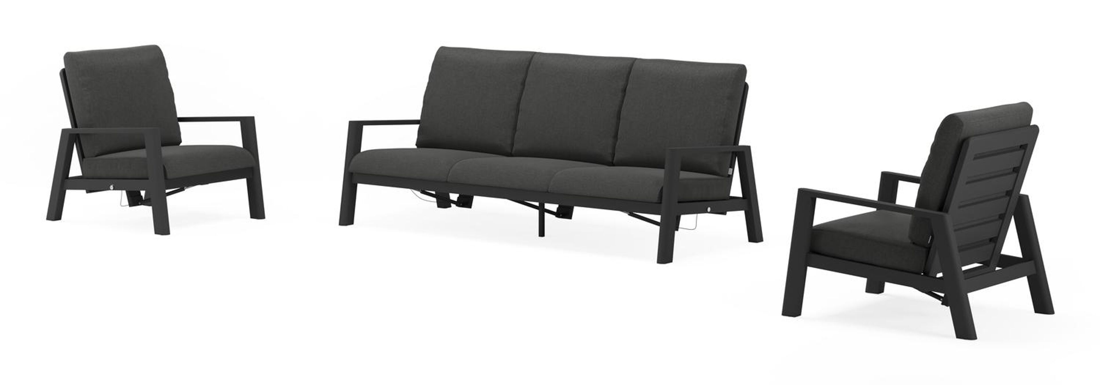 Cirello loungeset in zwart aluminium met chartres sooty all weather sunbrella® luxe kussens