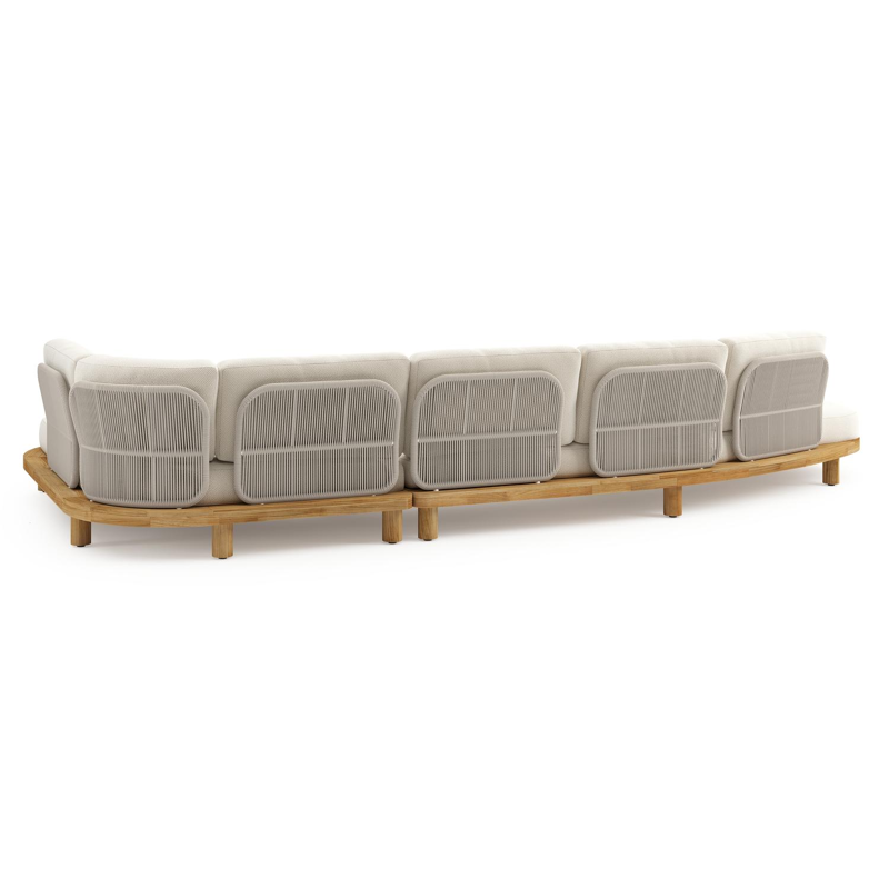 Donato loungehoek in teak en beige verticaal geweven ronde rope met all weather cosytica Althea Off White kussen