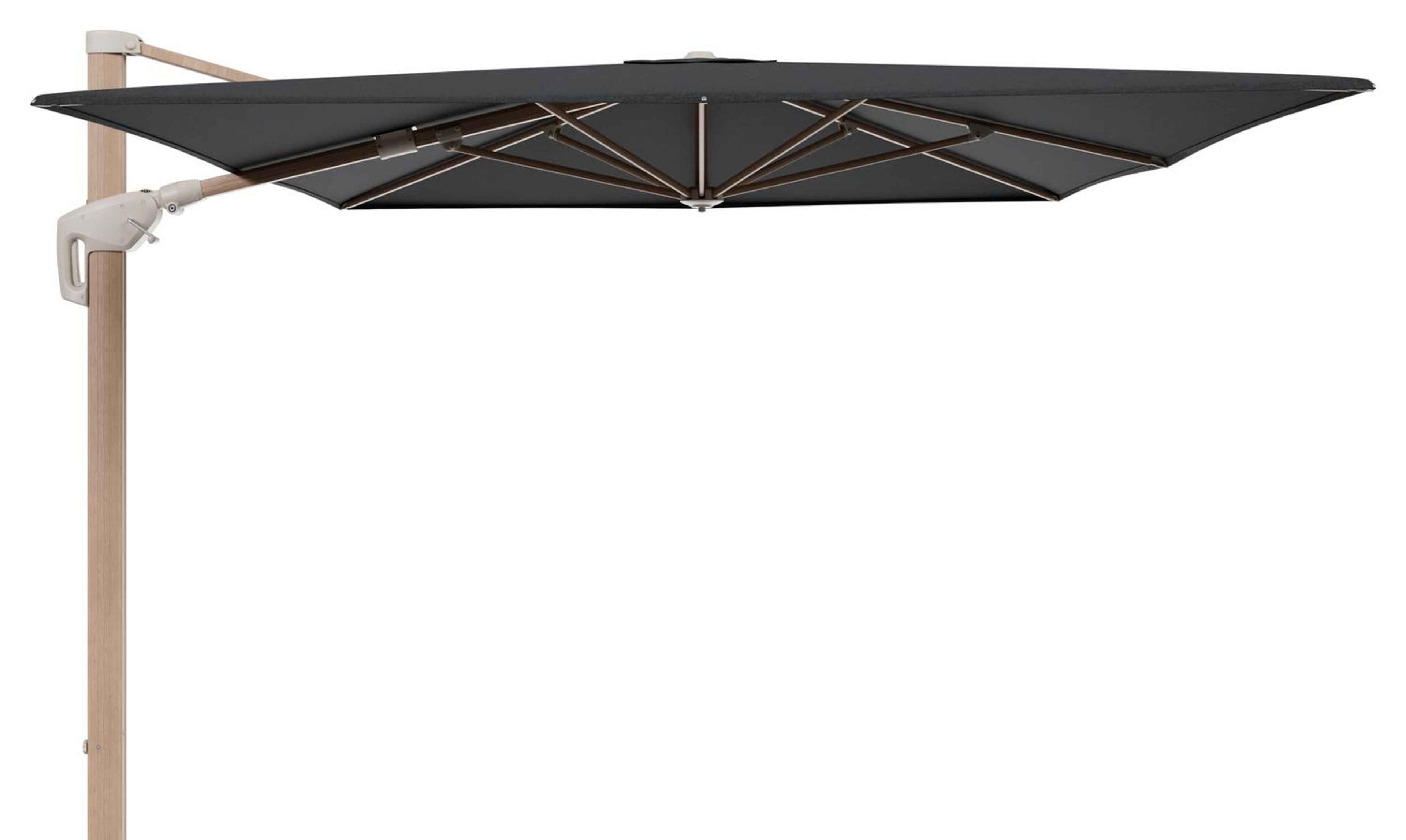 Parasol pendant Minore avec fonction tilt en aluminium aspect de bois et toile de parasol All Weather Sunbrella® Luxe Chartres Sooty - Lg.1: 400 x Lg.2: 300 cm (sans pied de parasol)