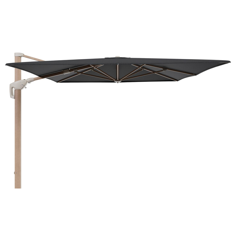 Parasol pendant Minore avec fonction tilt en aluminium aspect de bois et toile de parasol All Weather Sunbrella® Luxe Chartres Sooty - Lg.1: 400 x Lg.2: 300 cm (sans pied de parasol)